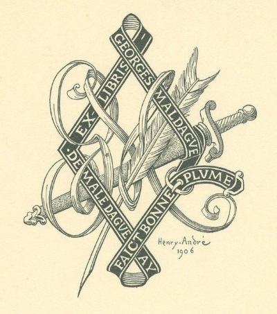 Ex-libris Georges Maldague
Dague, plume et monogramme en banderole, œuvre de Henry-André - 1906.
Collection Ardennes Toujours
