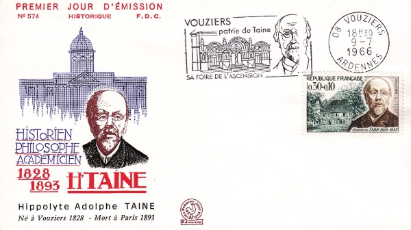 Enveloppe avec flamme d'oblitération Premier-Jour
Taine devant sa maison natale de Vouziers
